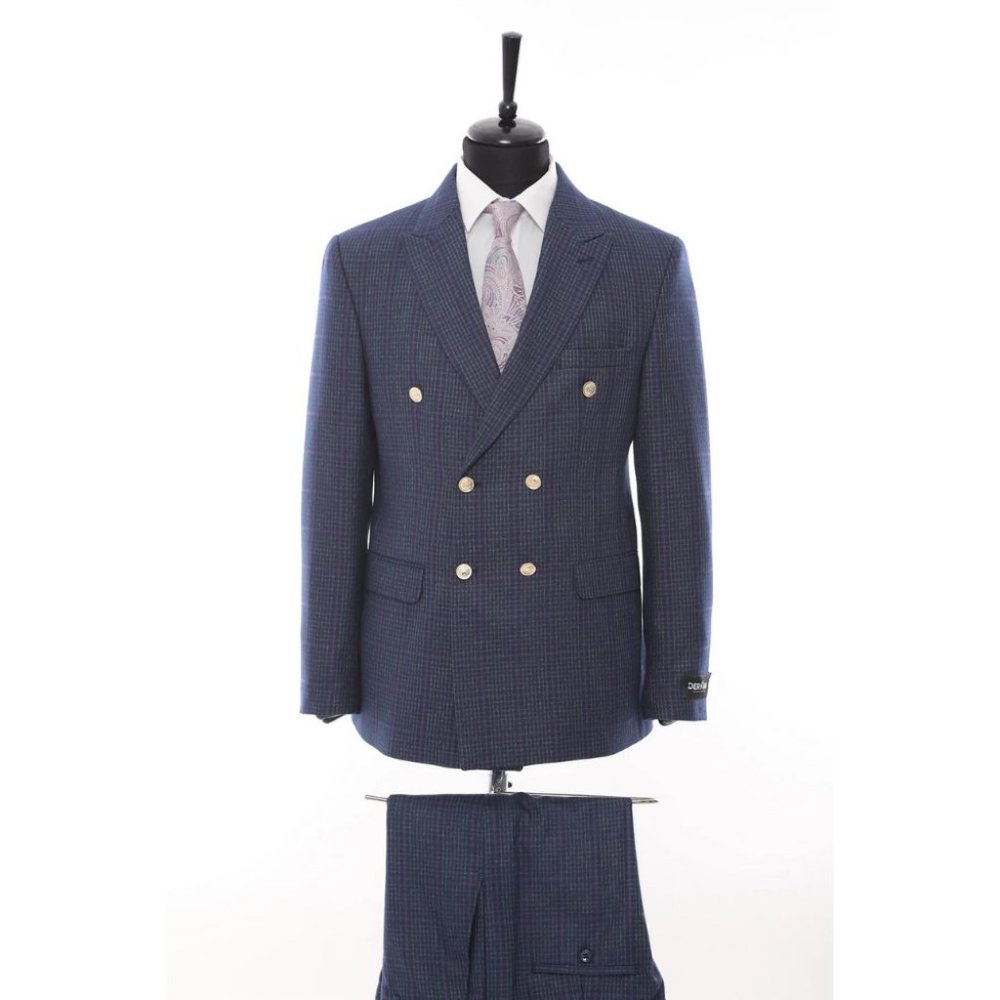 Derman Double Breasted Navy Check Suit 2 Piece Suit